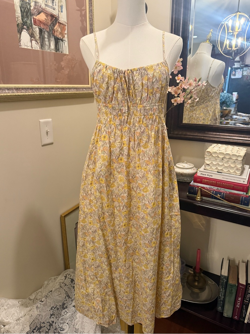 Smocked Floral Midi Dress in Yellow